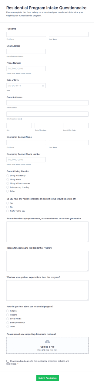 Residential Program Intake Questionnaire Form Template