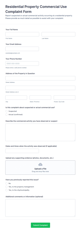 Residential Property Commercial Use Complaint Form Template