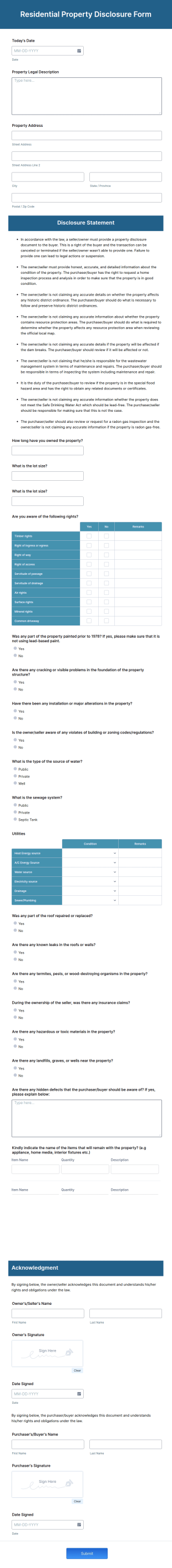 Residential Property Disclosure Form Template