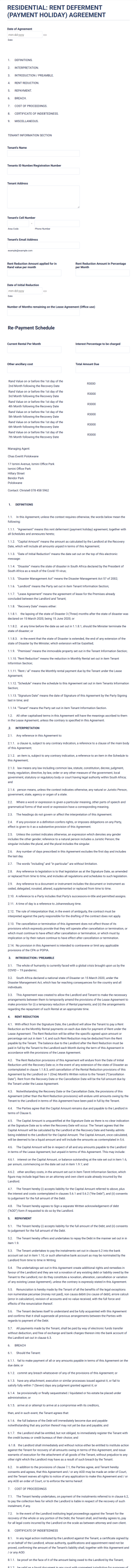 Residential Rent Deferment Agreement Form Template