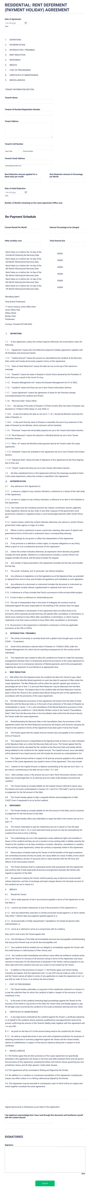 Residential: Rent Deferment (Payment Holiday) Agreement Form Template