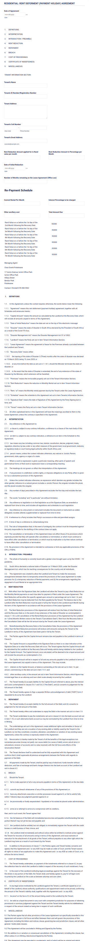 Residential Rent Deferment Agreement Form Template