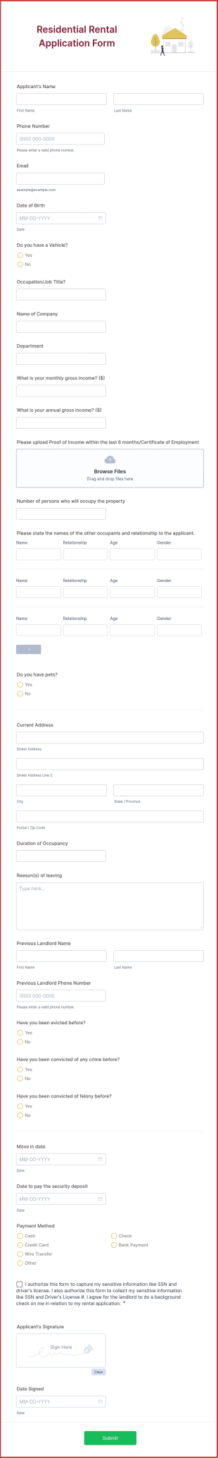 Residential Rental Application Form Template