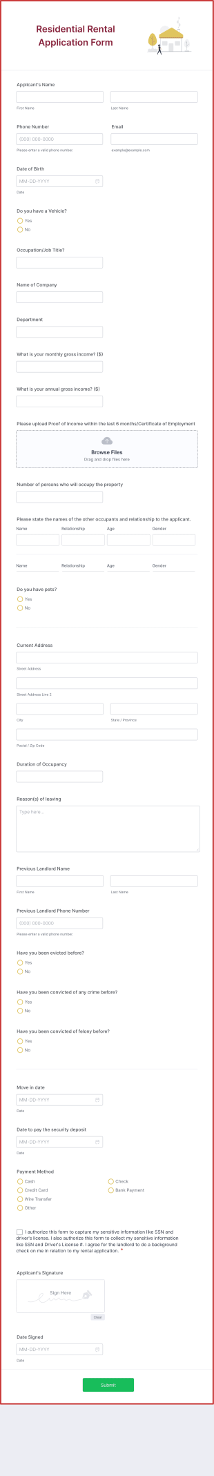 Residential Rental Application Form Template