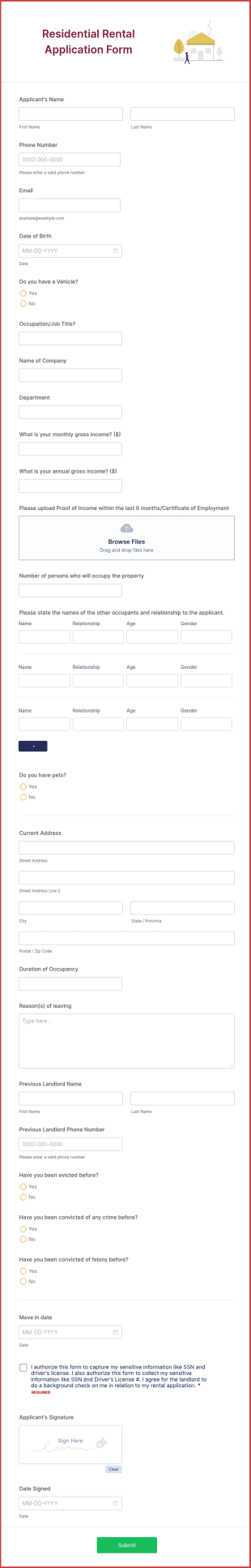 Residential Rental Application Form Template