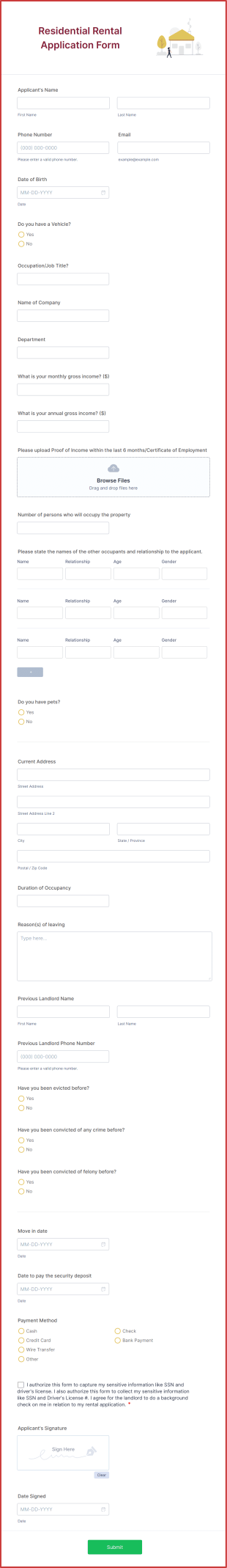 Residential Rental Application Form Template
