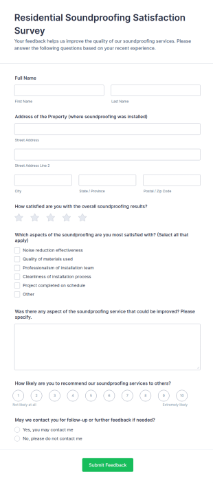 Residential Soundproofing Satisfaction Survey Form Template