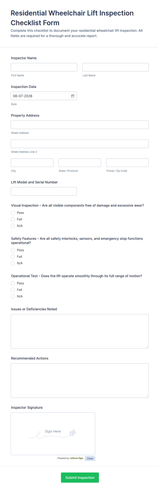 Residential Wheelchair Lift Inspection Checklist Form Template