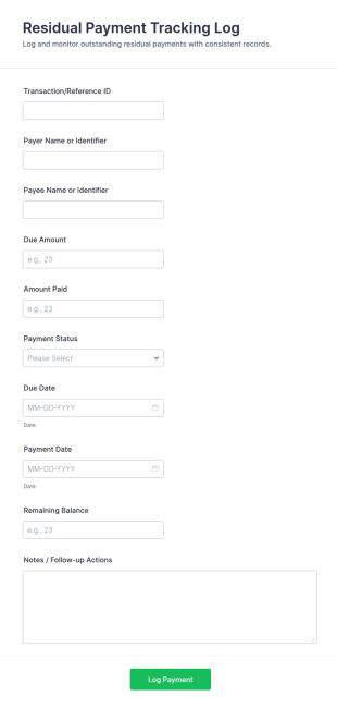 Residual Payment Tracking Log Form Template