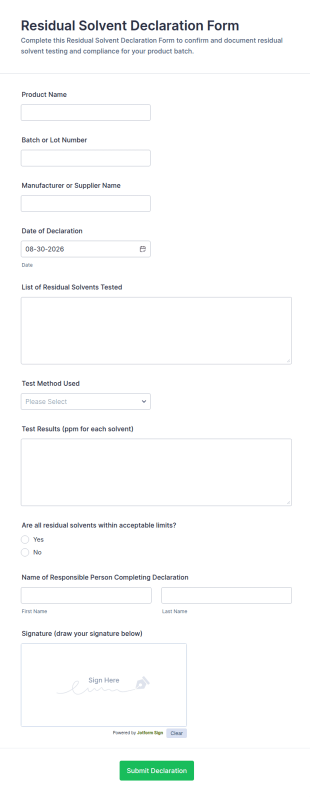 Residual Solvent Declaration Form Template