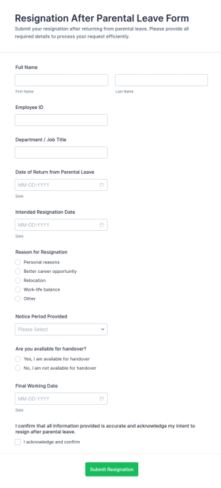 Resignation After Parental Leave Form Template