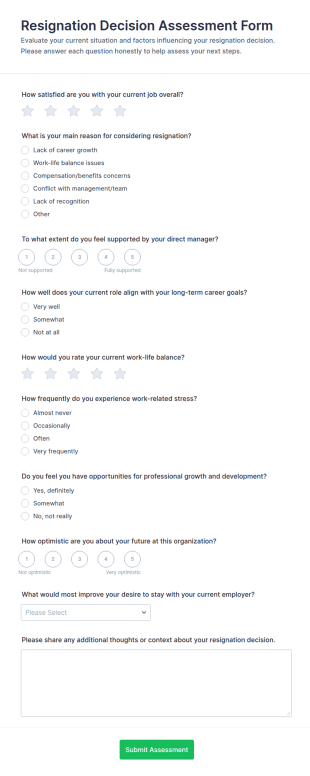 Resignation Decision Assessment Form Template