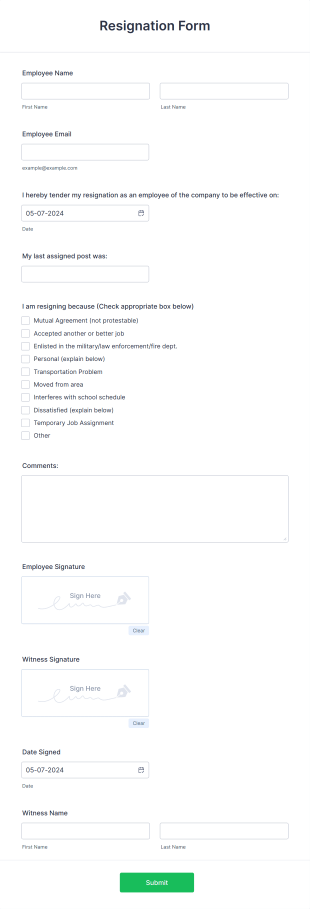 Resignation Form Template