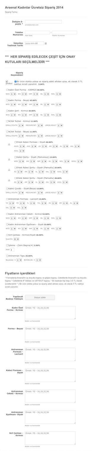 Resimli Beden Ve Adet Secenekli Siparis Form Template
