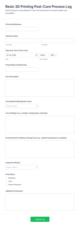 Resin 3D Printing Post Cure Process Log Form Template