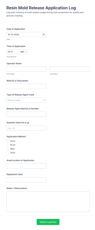 Resin Mold Release Application Log Form Template