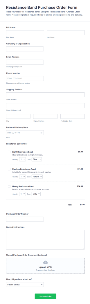 Resistance Band Purchase Order Form Template