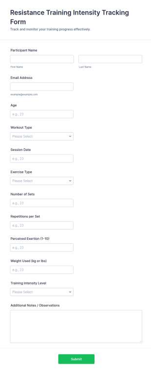 Resistance Training Intensity Tracking Form Template