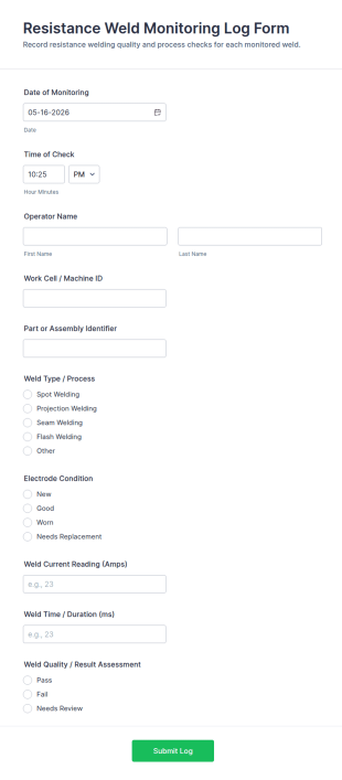 Resistance Weld Monitoring Log Form Template