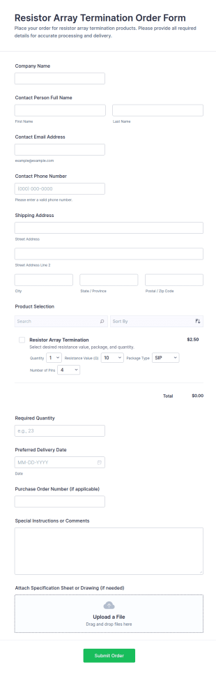 Resistor Array Termination Order Form Template