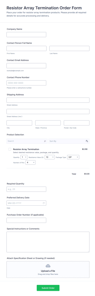 Resistor Array Termination Order Form Template