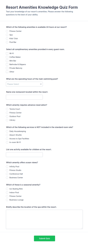 Resort Amenities Knowledge Quiz Form Template
