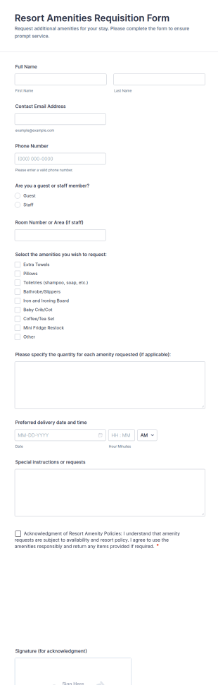 Resort Amenities Requisition Form Template