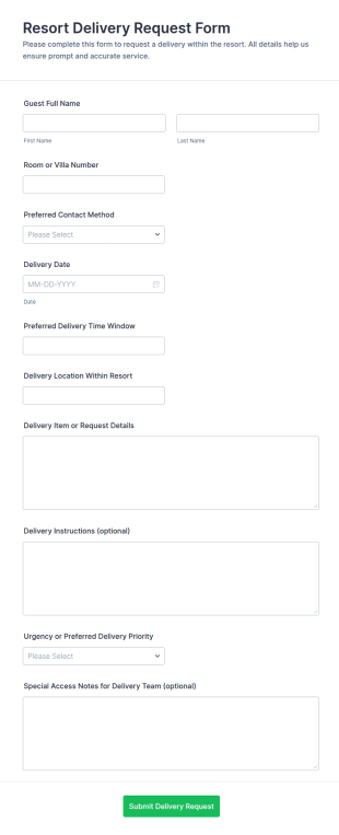 Resort Delivery Request Form Template