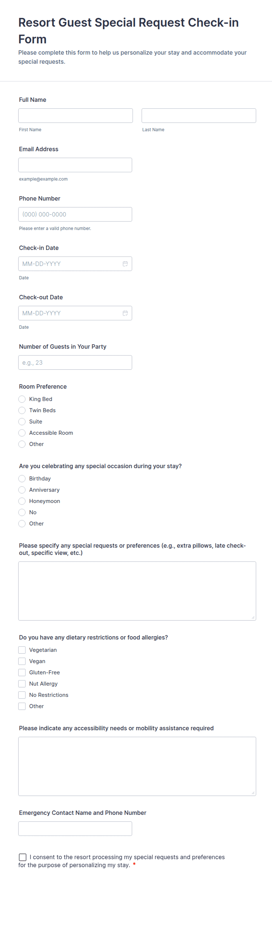 Resort Guest Special Request Check-in Form Template | Jotform