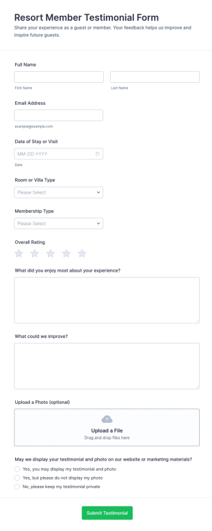 Resort Member Testimonial Form Template
