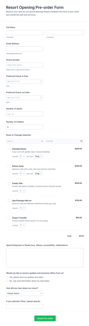 Resort Opening Pre Order Form Template