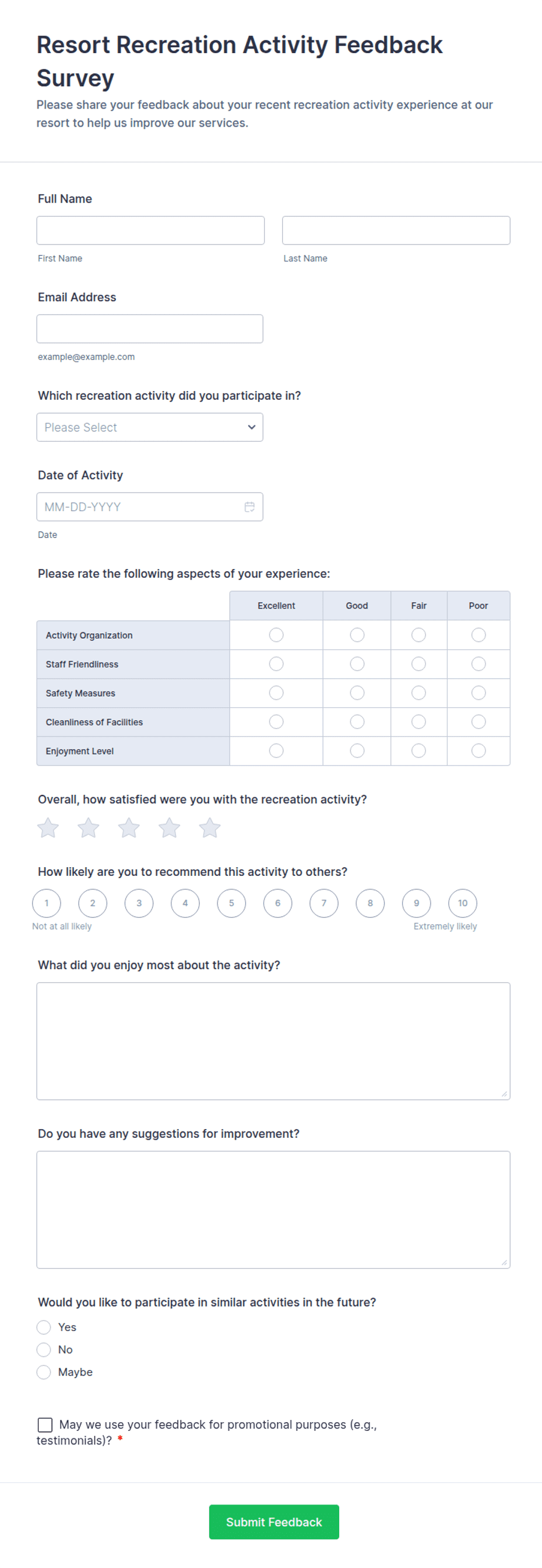 Resort Recreation Activity Feedback Survey Form Template | Jotform