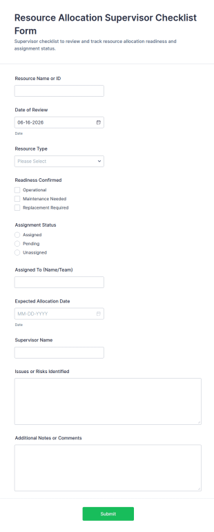 Resource Allocation Supervisor Checklist Form Template