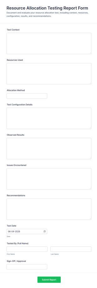 Resource Allocation Testing Report Form Template