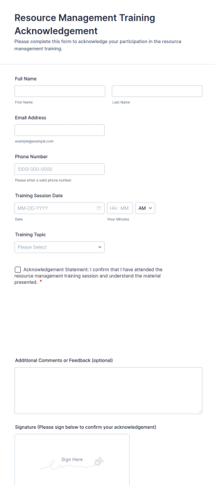 Resource Management Training Acknowledgement Form Template