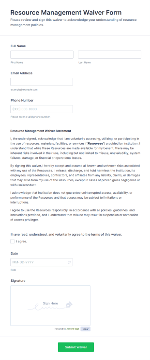 Resource Management Waiver Form Template