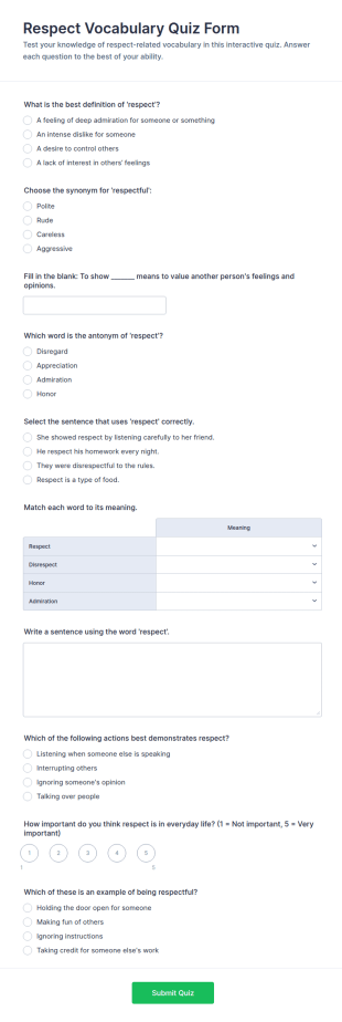 Respect Vocabulary Quiz Form Template