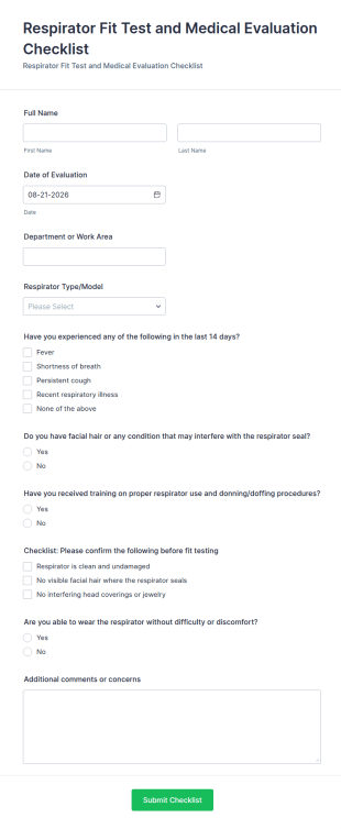 Respirator Fit Test And Medical Evaluation Checklist Form Template