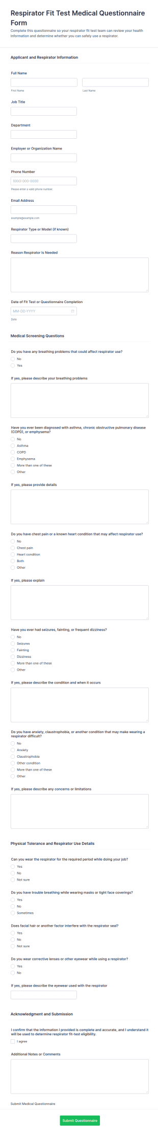 Respirator Fit Test Medical Questionnaire Form Template