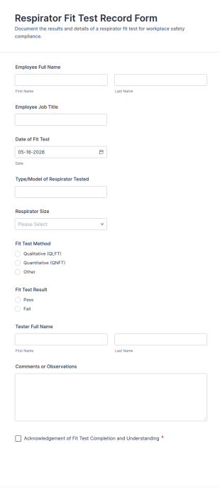 Respirator Fit Test Record Form Template