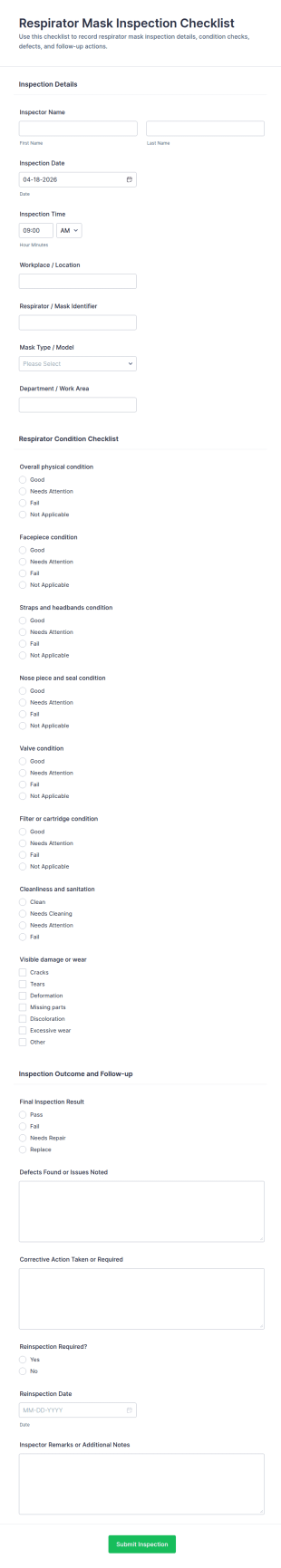 Respirator Mask Inspection Checklist Form Template