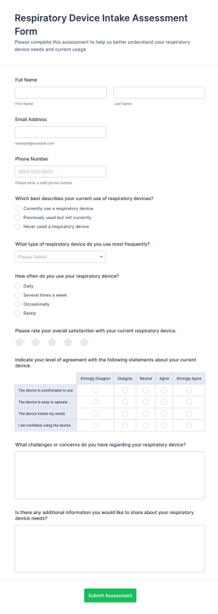 Respiratory Device Intake Assessment Form Template