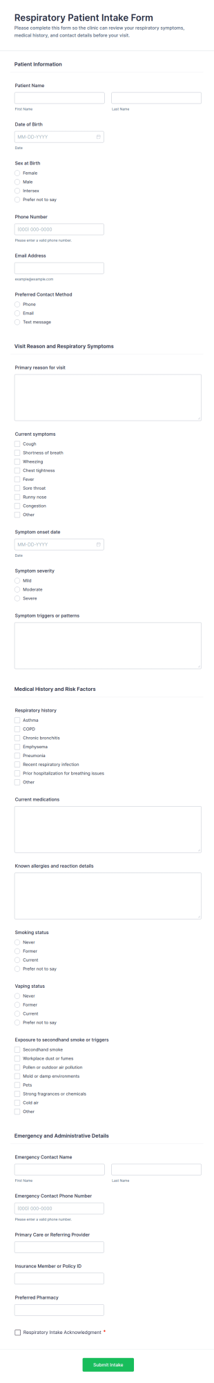 Respiratory Patient Intake Form Template