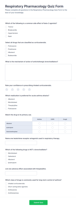 Respiratory Pharmacology Quiz Form Template