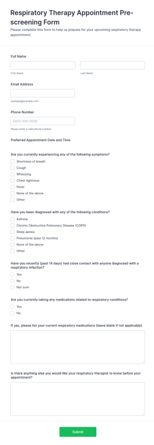 Respiratory Therapy Appointment Pre Screening Form Template