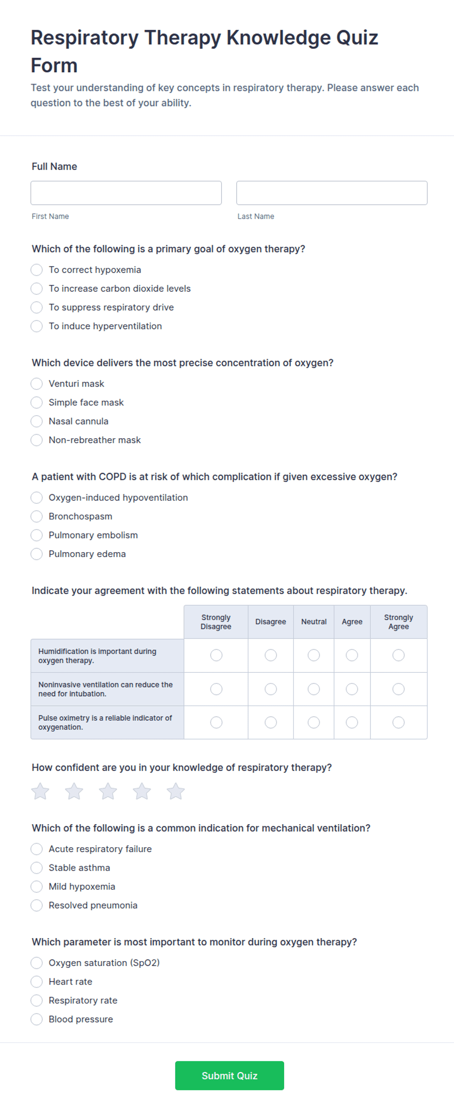 Respiratory Therapy Knowledge Quiz Form Template | Jotform