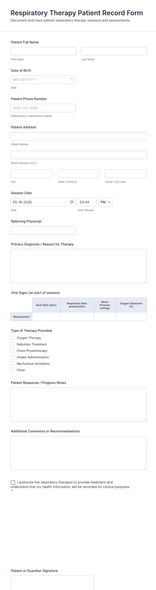 Respiratory Therapy Patient Record Form Template