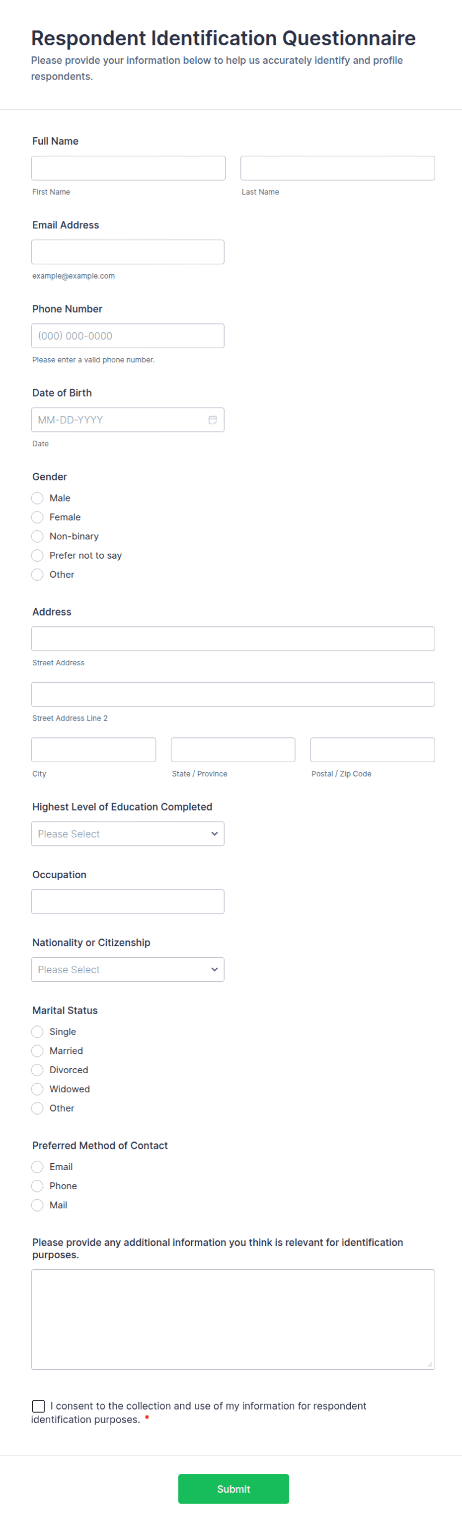 Respondent Identification Questionnaire Form Template | Jotform