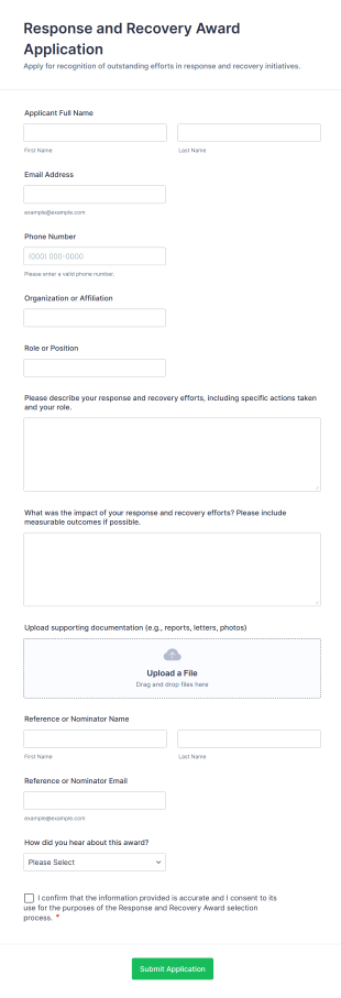 Response And Recovery Award Application Form Template