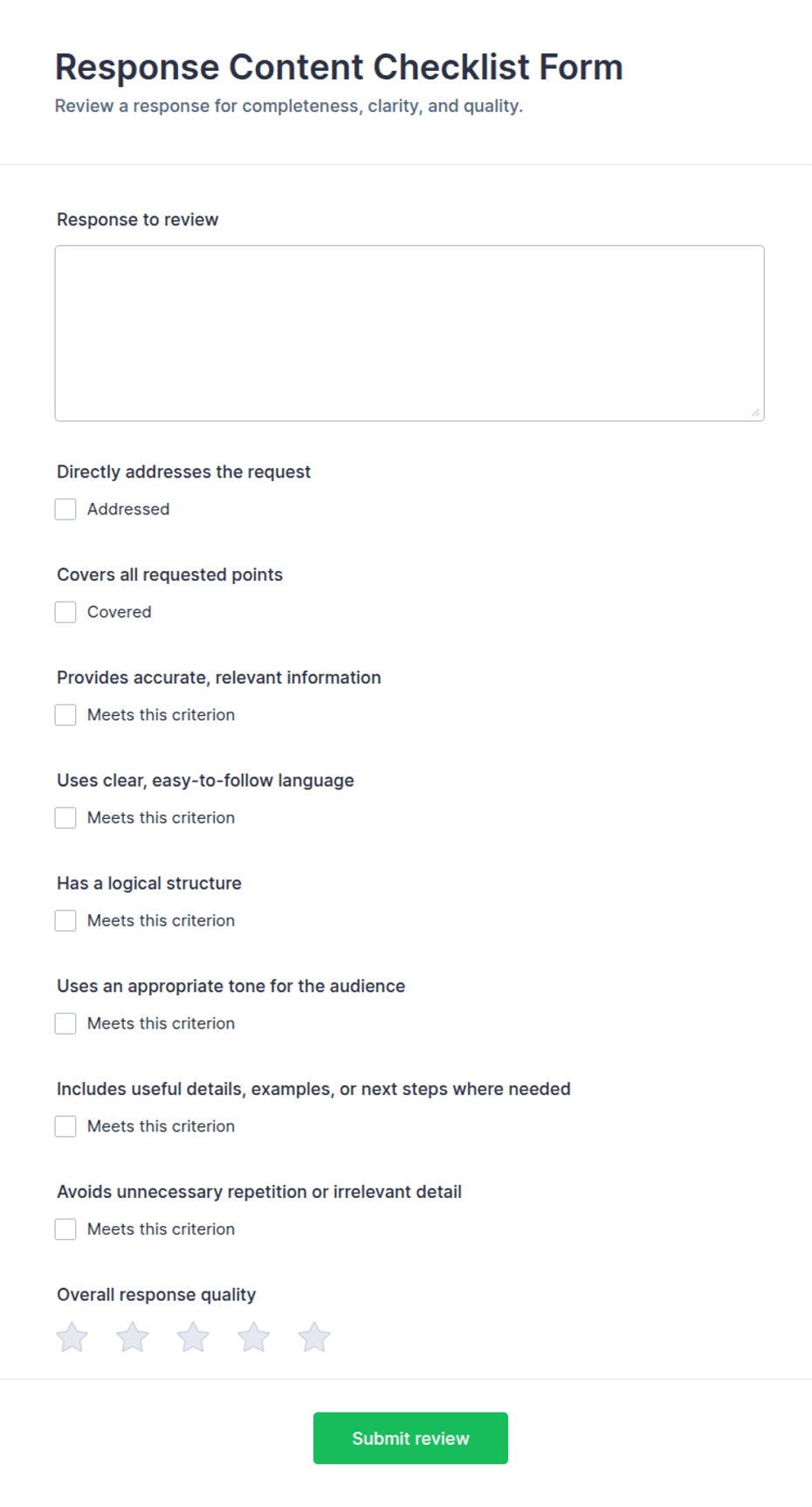 Response Content Checklist Form Template | Jotform